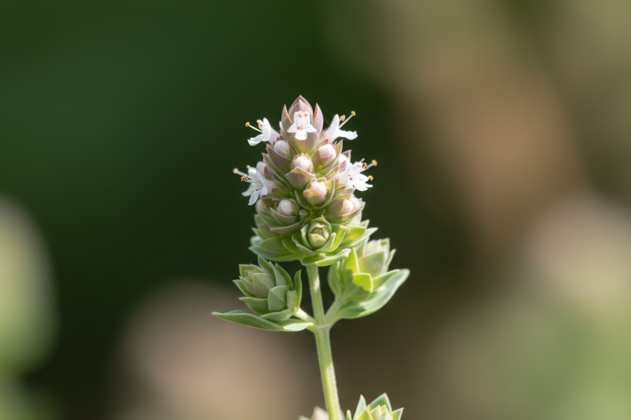 Inflorescencia en espiga corta de la mejorana lista para florecer.