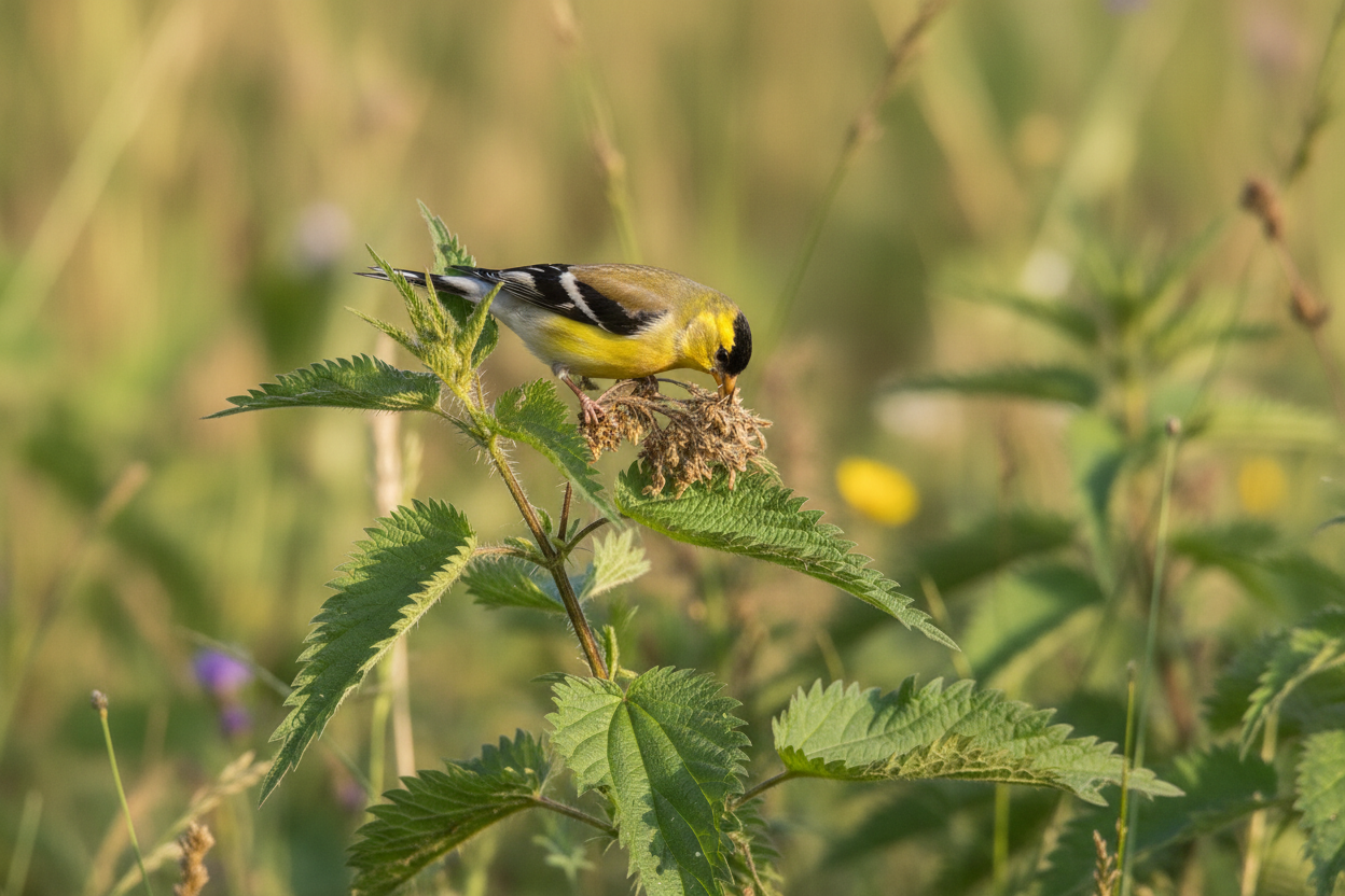 Jilguero o canario alimentándose cerca de una planta de ortiga.