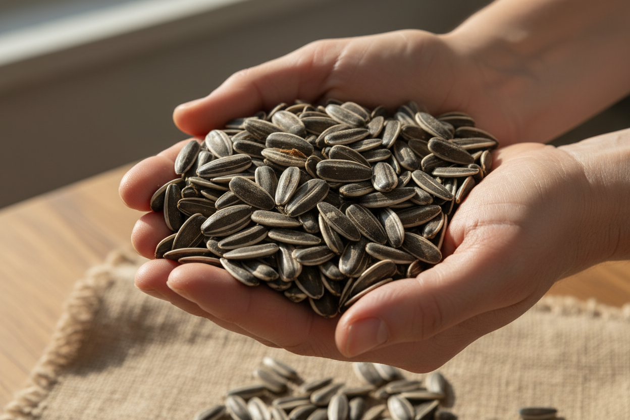 Manos sosteniendo un puñado de pipas de girasol naturales listas para tostar. Realista