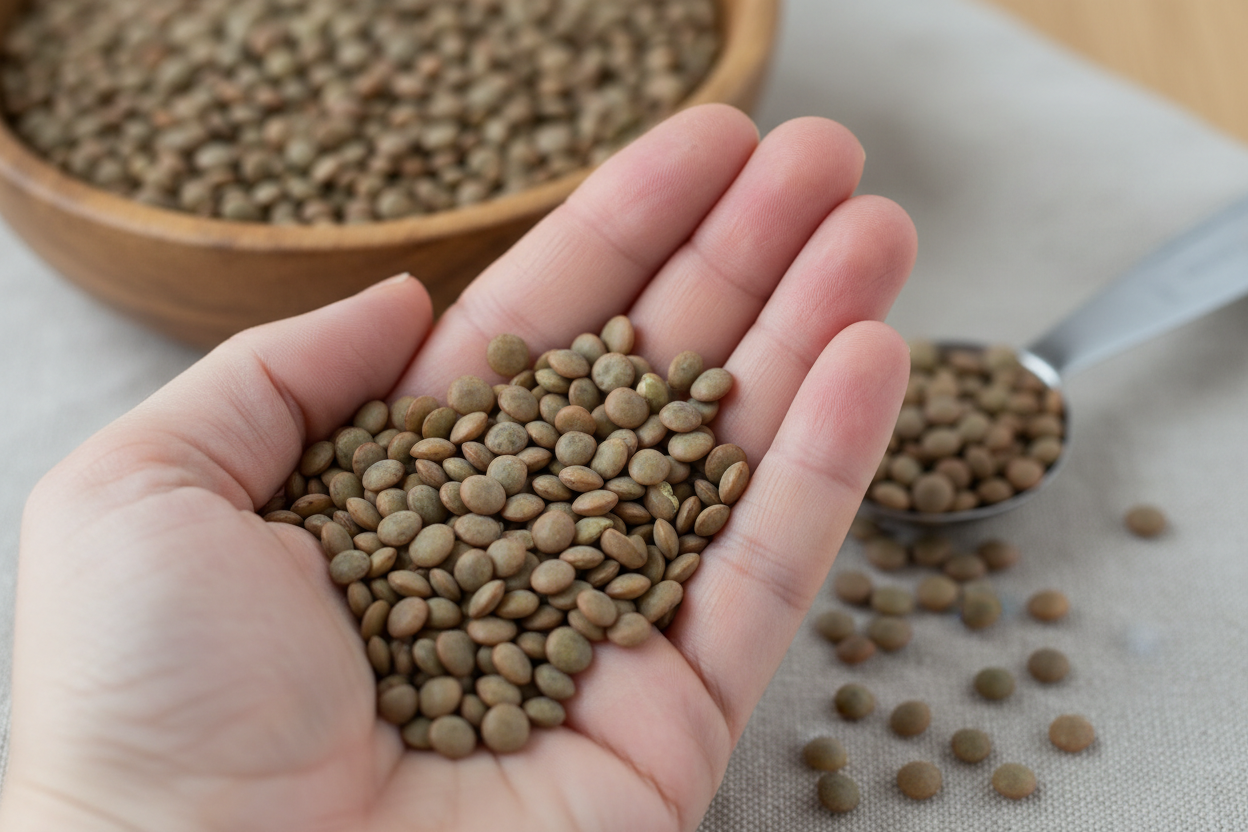Puñado de lentejas pardinas (marrón-grisáceas) mostrando su pequeño tamaño.