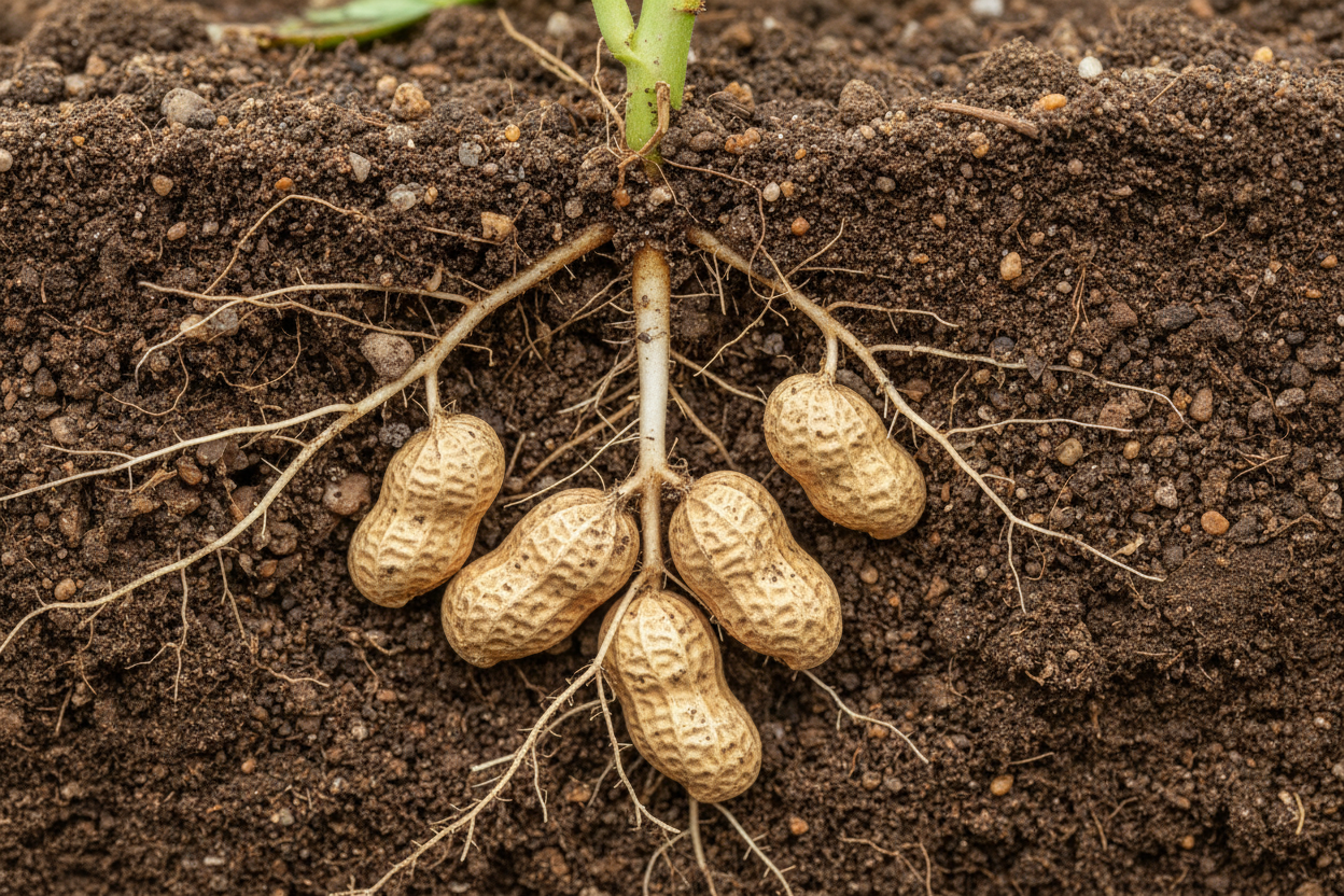 Raíces de la planta mostrando los cacahuetes formados bajo tierra realissta