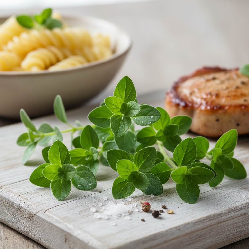 Hojas frescas de mejorana listas para condimentar un plato de pasta o carne
