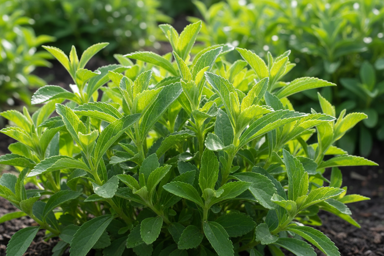 Hojas verdes y frescas de planta de Stevia rebaudiana listas para cosecha