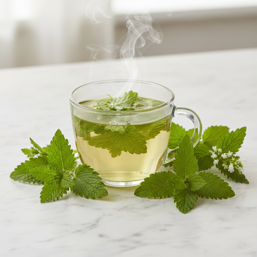 Infusión relajante preparada con hojas frescas de Melisa recién cortada.
