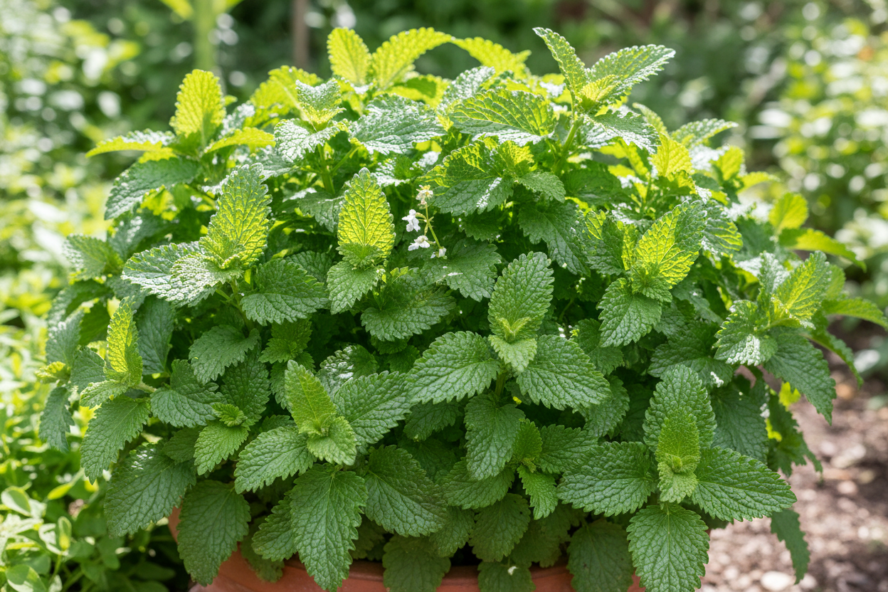 Planta de Melisa frondosa con hojas verdes brillantes y textura rugosa.